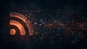 Dark editorial illustration of an RSS feed symbol dissolving into data streams with a Reddit-orange accent