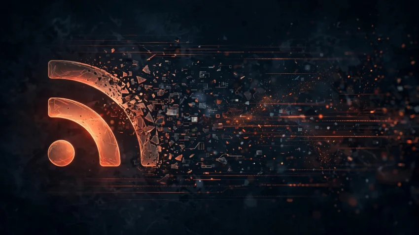 Dark editorial illustration of an RSS feed symbol dissolving into data streams with a Reddit-orange accent