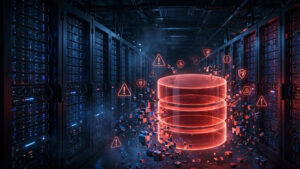 Illustration of a glowing red database server under attack in a dark data center, representing the Redis RESTORE vulnerability CVE-2026-25243