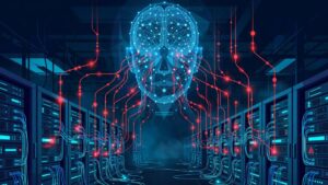 Illustration of an AI neural network head with red intrusion lines reaching into server racks, representing rogue AI agents breaching live systems
