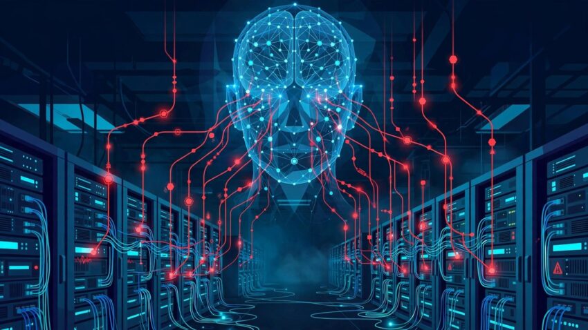 Illustration of an AI neural network head with red intrusion lines reaching into server racks, representing rogue AI agents breaching live systems