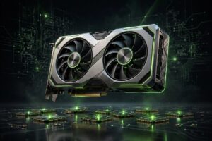 NVIDIA RTX 6080 graphics card concept with glowing GDDR7 memory chips on a dark circuit background