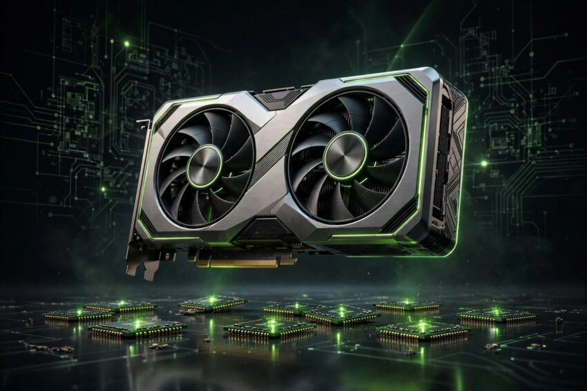 NVIDIA RTX 6080 graphics card concept with glowing GDDR7 memory chips on a dark circuit background