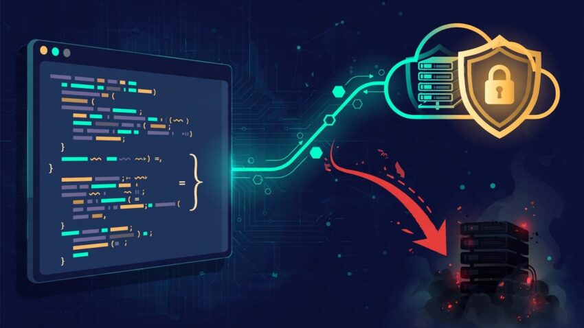 Illustration of an OAuth2 token request being diverted from a secure cloud server to a rogue server, representing the SAP CVE-2026-89111 SSRF flaw