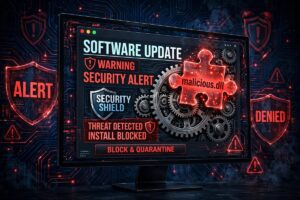 Cybersecurity illustration of a malicious DLL puzzle piece slotting into a software update window, representing the Siemens Software Center DLL sideloading flaw CVE-2026-110936