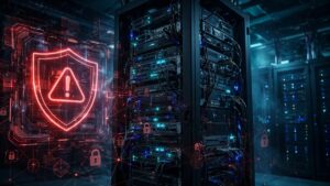SonicWall SMA 1000 appliances in a data center with a red security alert shield showing a critical SSRF vulnerability warning