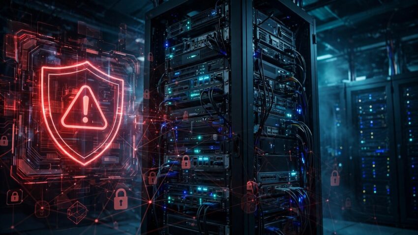 SonicWall SMA 1000 appliances in a data center with a red security alert shield showing a critical SSRF vulnerability warning