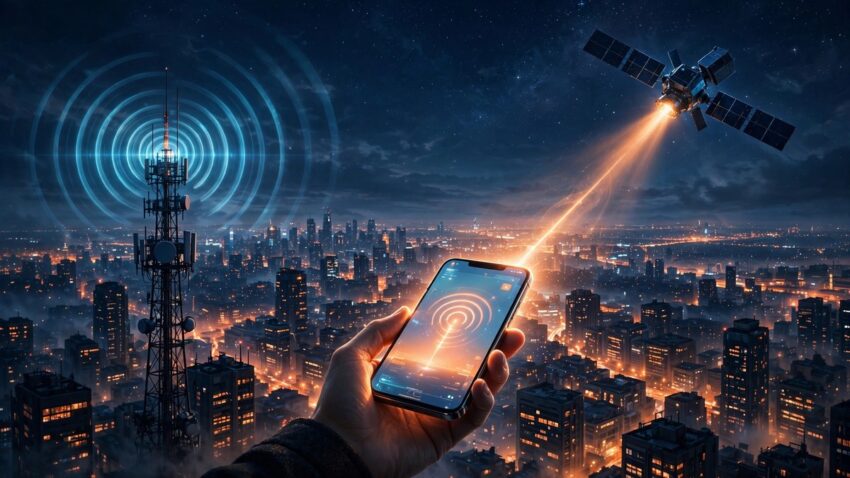Illustration of a smartphone connecting to a satellite and a cell tower above a night-time city, representing SpaceX plan to turn Starlink Mobile into a wireless carrier