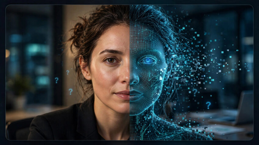 Tavus Griffin AI avatar shown half human and half digital, illustrating the video Turing test