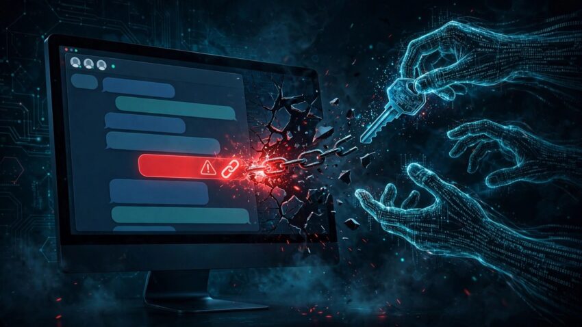Illustration of a messaging chat window with a malicious link and a digital key being stolen, representing the Telegram Desktop one-click account takeover vulnerability