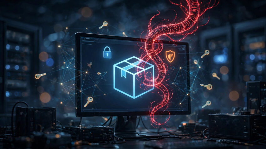 Illustration of the Tensorlake npm Shai-Hulud supply chain attack showing a malicious worm infiltrating a package on a computer screen