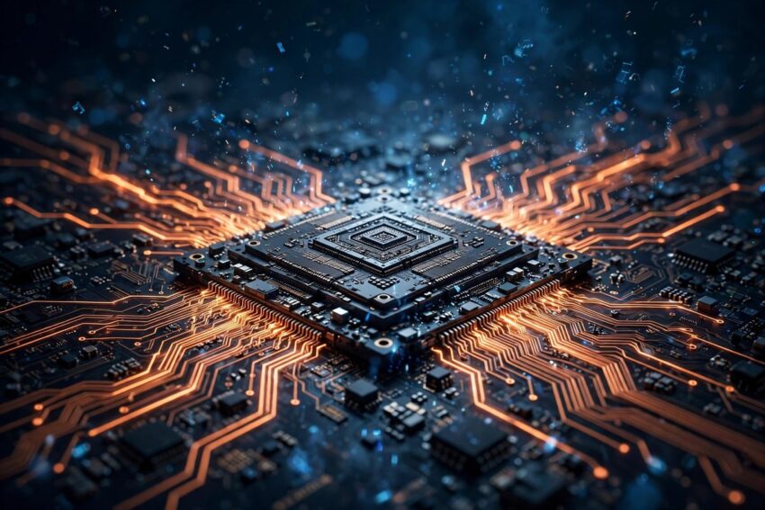 Illustration of an AI semiconductor chip on a circuit board representing Tenstorrent's $1.5 billion Series E funding round