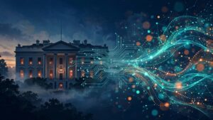 Illustration of the White House with AI circuit patterns representing the Trump AI safety accord
