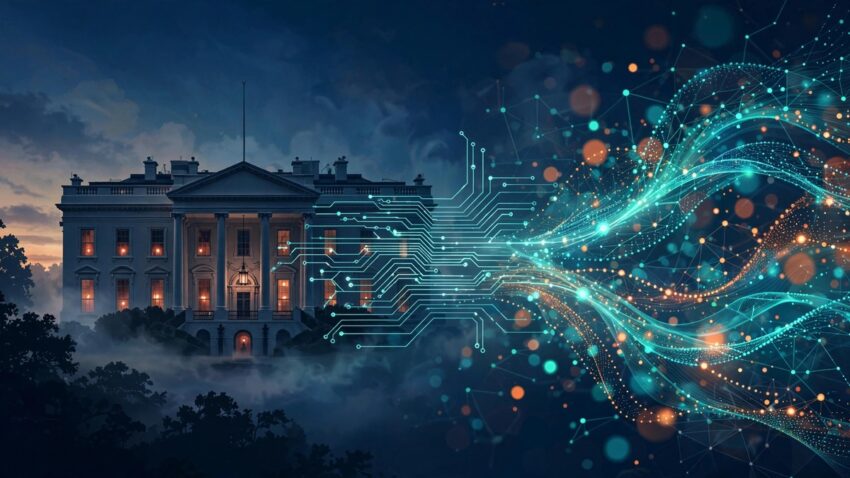 Illustration of the White House with AI circuit patterns representing the Trump AI safety accord