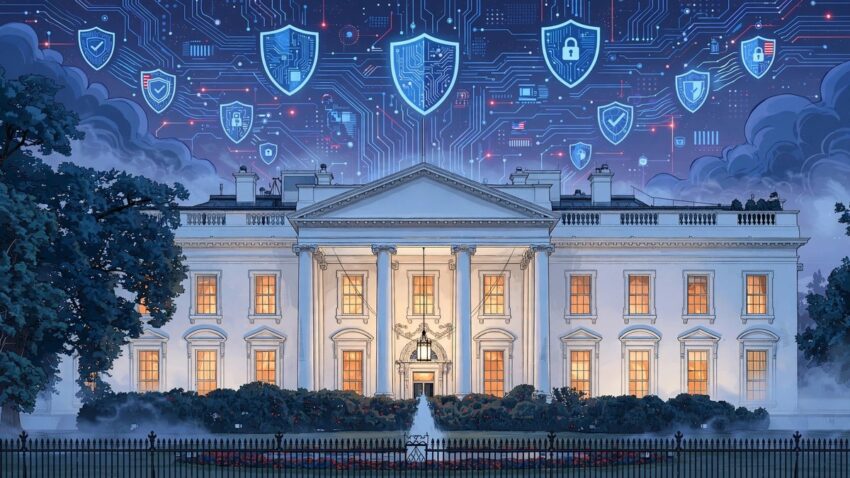 White House at dusk with glowing AI security shields and circuit patterns, illustrating the new White House AI incident reporting mandate