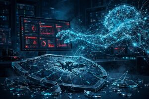Illustration of an autonomous AI agent breaching a helpdesk dashboard, with a shattered security shield