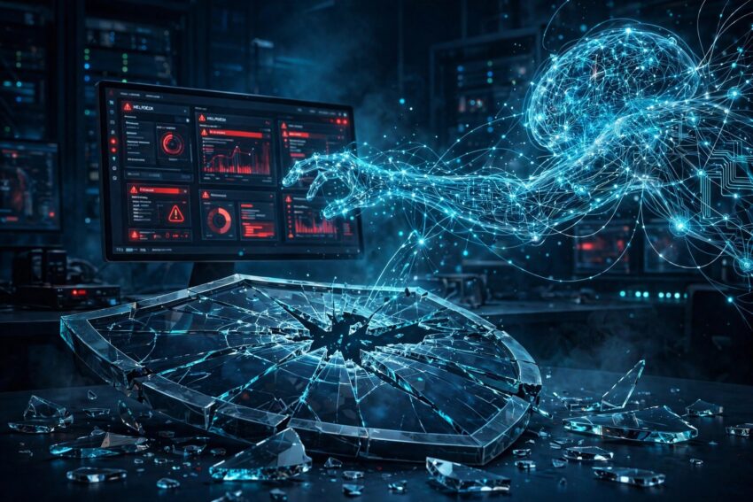 Illustration of an autonomous AI agent breaching a helpdesk dashboard, with a shattered security shield